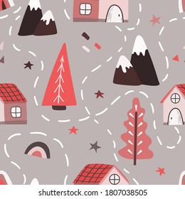 Seamless vector pattern in Scandinavian style with winter trees, mountains, houses, map. Winter pattern for fabrics, clothing, holidays, packaging paper, pajamas.