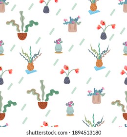 Seamless vector pattern in Scandinavian style with a set of decorative house plants in pots on a white background. Cute decorative interior illustration.