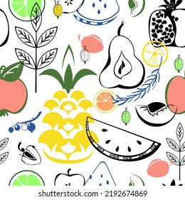 Seamless vector pattern in scandinavian style. Graphic sketch fruits and berries. For advertising, packaging, paper, textile.