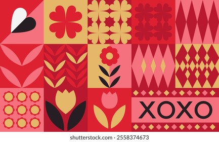 Seamless vector pattern with Scandinavian-style hearts, flowers, and love-themed elements. Suitable for wedding decor or Valentines Day designs.