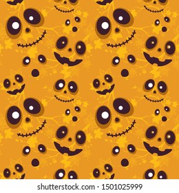 Seamless vector pattern with scary faces on orange branches background. Template for Halloween decoration, fabric and wrapping.