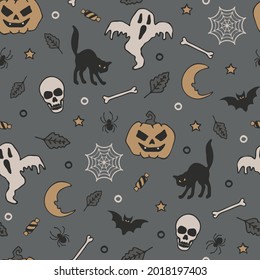 Seamless vector pattern with scary pumpkin and ghost on grey background. Halloween fun wallpaper design. Decorative spooky fashion textile.