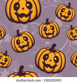 Seamless vector pattern with scary pumpkins on branches background. Template for Halloween decoration, fabric and wrapping.