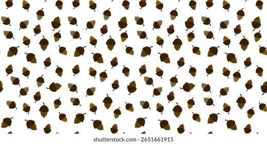 Seamless vector pattern of scattered autumn acorns in earthy tones on a crisp white background. Perfect for minimalist fall designs, rustic decor, and natural themes.