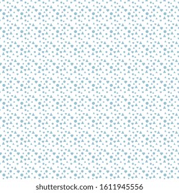 Seamless vector pattern with scattered blue hearts, triangles, polka dots on a white background. Festive cover, packaging and wrapping background.