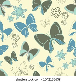 Seamless vector pattern of scattered butterflies and flowers.