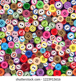 Seamless vector pattern of scattered buttons of different colors and sizes on dark background. Handmade and hobby. Best for wrapping paper, textiles, wallpapers.