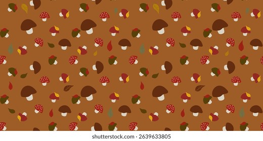 Seamless vector pattern of scattered cartoon mushrooms (brown, red, yellow) and autumn leaves (red, yellow, green) on a rustic reddish-brown background. Perfect for whimsical fall designs.