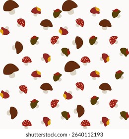 Seamless vector pattern of scattered cartoon mushrooms in various fall colors with leaves on a white background. Perfect for whimsical autumn designs and cute decorative projects.