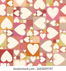 Seamless vector pattern with scattered hearts and colorful blocks for cozy fabric, home decor or romantic wrapping