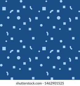 Seamless vector pattern with scattered randomly soft blue squares, circles, balls, curve shapes on a blue background, for the hoop, the surface, packaging, postcards. Abstract geometric illustration.