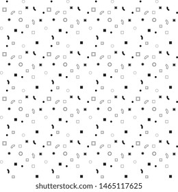 Seamless vector pattern with scattered randomly gray squares, circles, balls, curve on a white background, artistic. A merry illustration of baby design.
