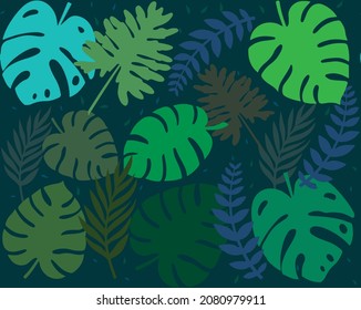 Seamless vector pattern with scattered tropical plants and leaves on dark background. Trendy jungle colorful background design.  Great for  for textile and decorations.