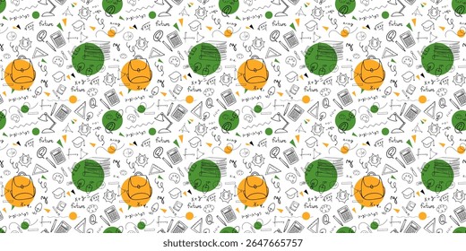 Seamless vector pattern with school doodle drawings in linear style. Green and orange accents. Editable and transparent background