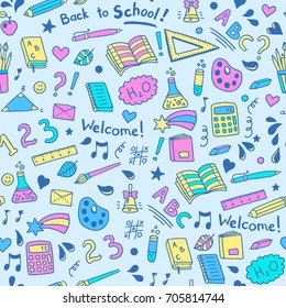 Seamless vector pattern with school items scribbles by kids hand. Nice vector background, perfect for wallpaper, wrapping paper or textile.