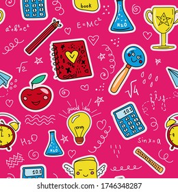 Seamless vector pattern with school objects. Subjects for study: ruler, calculator, notebook, book, pencil, magnifier, test tube.