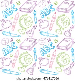 Seamless vector pattern of school objects hand drawn illustration. Endless texture for printing to fabric, web page background or invitation. Abstract retro nautical style.