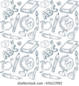 Seamless vector pattern of school objects hand drawn illustration. Endless texture for printing to fabric, web page background or invitation. Abstract retro nautical style. White, blue colors.