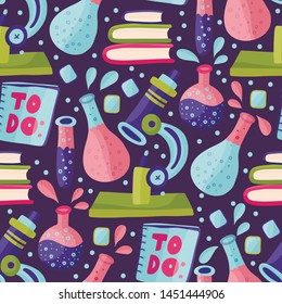Seamless vector pattern with school science supplies in a flat style. Microscope, test tube, planner notebook and books.