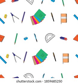 Seamless vector pattern. School supplies. Isolated on a white background. Vector graphics.