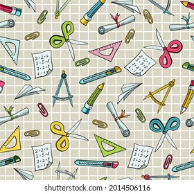 Seamless vector pattern with school supplies for study and creativity. Hand drawn ruler, pencil, scissors, paper clips, paper, knife. Stationery for children and adults. Background about school 