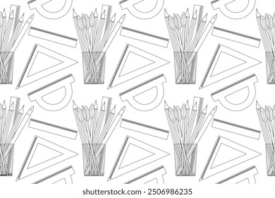 Seamless vector pattern of school supplies for coloring pages. Black and white design featuring pencils, rulers, and protractors.