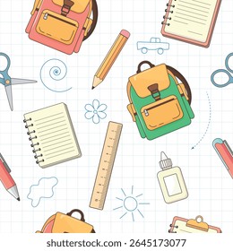 Seamless vector pattern with school supplies on white background – backpack, pencil, notebook, pen, scissors, glue – perfect for Knowledge Day, back to school, September 1 and kids education themes