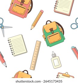 Seamless vector pattern with school supplies on white background – backpack, pencil, notebook, pen, scissors, glue – perfect for Knowledge Day, back to school, September 1 and kids education themes