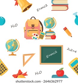 Seamless vector pattern with school supplies on white background – globe, backpack, books, chalkboard, palette, flask, apple, pencil, ruler, formulas – perfect for Back to School designs