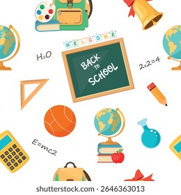Seamless vector pattern with school supplies on white background – globe, backpack, books, chalkboard, palette, flask, apple, pencil, ruler, formulas – perfect for Back to School designs