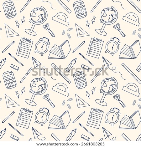 Seamless vector pattern with school supplies in linear style. Includes notebooks, globes, calculators, pencils, rulers. Perfect for educational wrapping paper, wallpapers, and back-to-school designs.