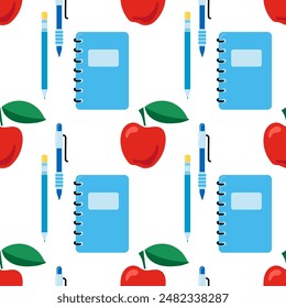 Seamless vector pattern with school theme elements. Book, pencil, pen, rulers. 