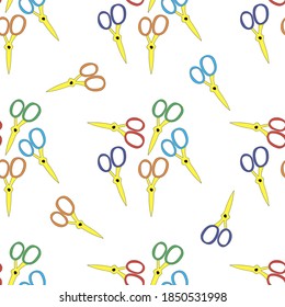Seamless vector pattern scissors with colored rings on a white background. Clothing industry, sewing, hairdressing, for fabric, textiles, paper, Wallpaper, backdrop.