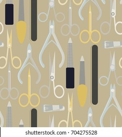 Seamless vector pattern with scissors and manicure tools: nail scissors, tweezers, nail polish,. Scissors of different shape and length. Seamless pattern vector. 