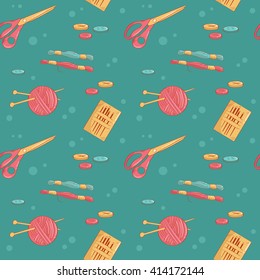 Seamless vector pattern. Scissors, thread, buttons, needles