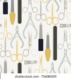 Seamless vector pattern with scissors and tools  for manicure. Scissors of different shape and length. Seamless pattern vector. Beauty spa salon object.