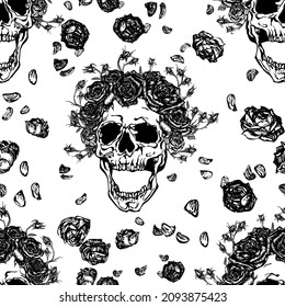 Seamless vector pattern of screaming skulls with roses wreath with buds on head and falling roses and petals on white background. Hand drawn black and white illustration in tattoo style.