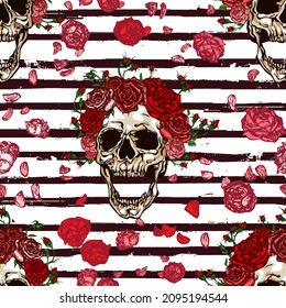 Seamless vector pattern of screaming skulls with red roses wreath with buds on head and falling pink roses and petals on black and white striped background. Hand drawn illustration in tattoo style.