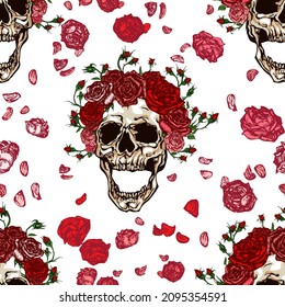 Seamless vector pattern of screaming skulls with red roses wreath with buds on head and falling pink roses and petals on white background. Hand drawn illustration in tattoo style.