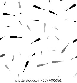 Seamless vector pattern with screwdriver symbols, creating a creative monochrome background with rotated elements. Vector illustration on white background