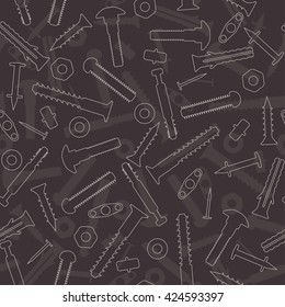 Seamless vector pattern with screws, bolts, hardware on dark background