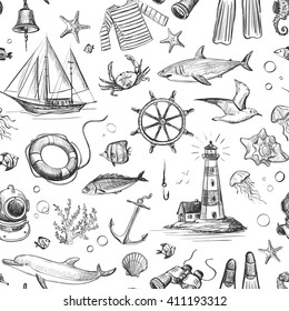 Seamless vector pattern of sea adventure. Isolated hand drawings on a white background