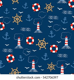 Seamless vector pattern with sea anchors, helms, lifebuoys, seagulls and lighthouses. Texture for wrapping paper, gifts, web design or textile.