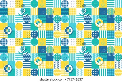 Seamless vector pattern with sea and anchors multicolor patchwork. Marine background. 