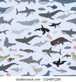 Seamless vector pattern with sea animals on light blue background.