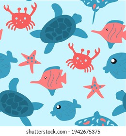 Seamless vector pattern with sea animals - fishes, turtle, starfish, rump fish, crab. For textile, clothes, sets of bed-linen, etc