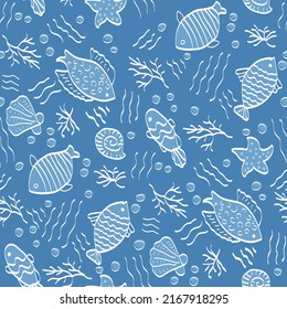 Seamless vector pattern with sea animals and plants: fish, stars, shells on blue background