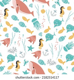 Seamless vector pattern with sea animals. Under water illustration.