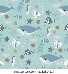 Seamless vector pattern with sea animals. Under water illustration.