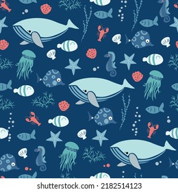 Seamless vector pattern with sea animals. Under water illustration.